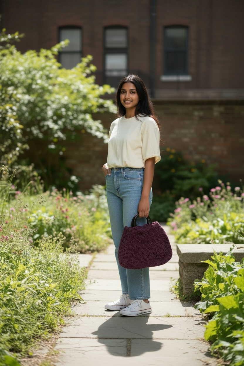 Hand-Crocheted Clutch with Natural Wooden Handles | midsizedTextile Statement Purse