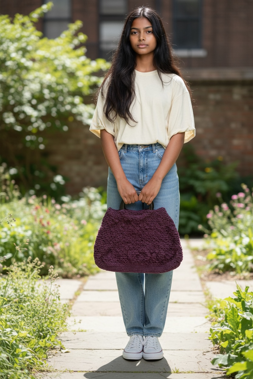 Large Hand-Crocheted Clutch with Natural Wooden Handles