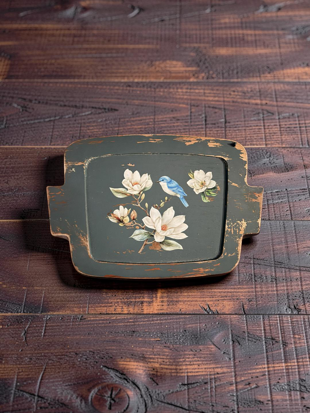 Dark Blue Chippy Wood Tray Custom Floral Bird Design Distressed Decorative